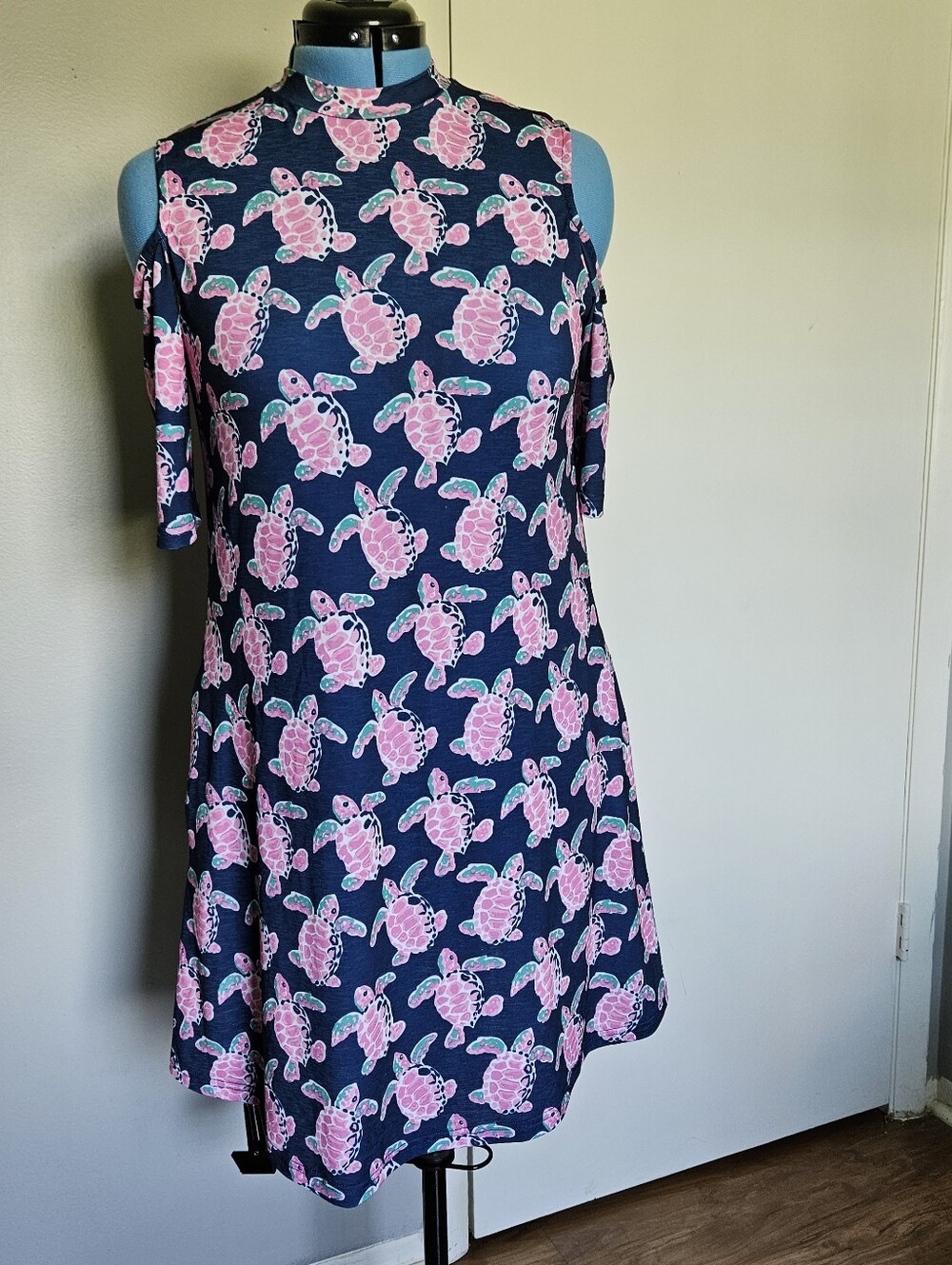 Simply Southern M Navy Blue Pink Turtles Cold Shoulder Midi Dress